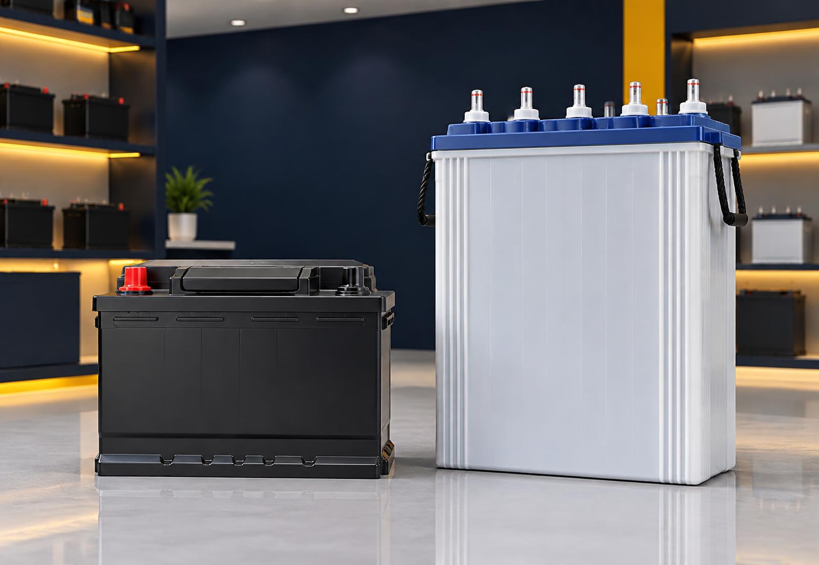 Car battery and inverter battery on display in a battery retail store